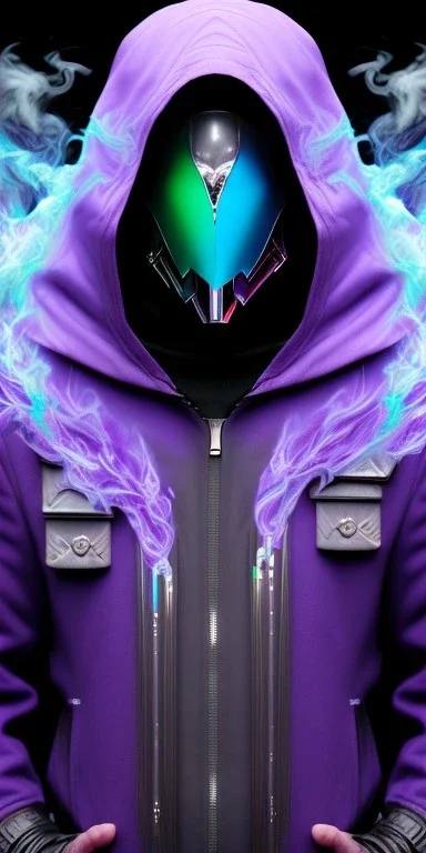 purple galaxy masked hooded super villain, weapons in hands, teal and purple smoke, full portrait, hyper realistic, 4k