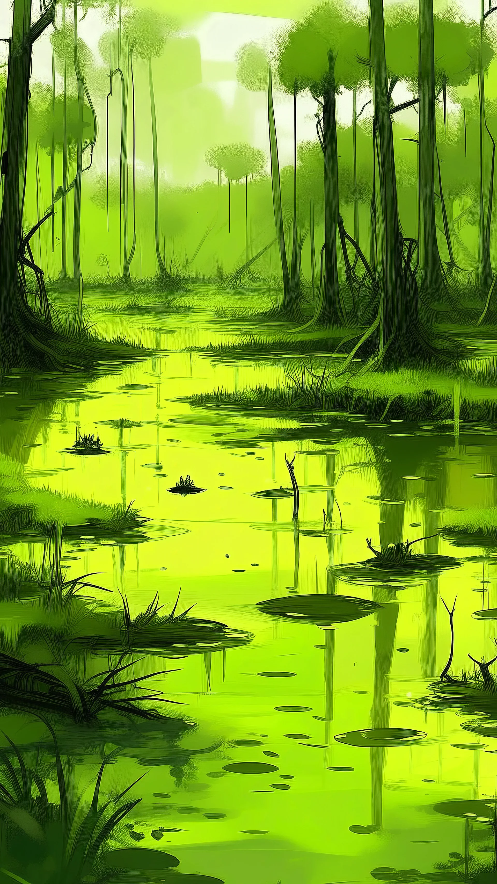 A light yellowish dark green swamp with bugs in daylight painted