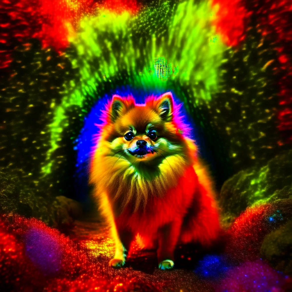 paint splatter, photorealism, a pomeranian hippie king hovering in the underground grove glowing light, in the style of escher, 8k, down-light, soft light, depth of field, photo realism, trending on art station, high detail, smoke and fog