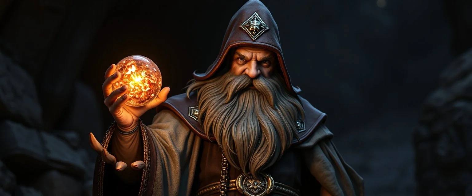 dwarven priest expert holding up a radiant Painite crystal rosette ball