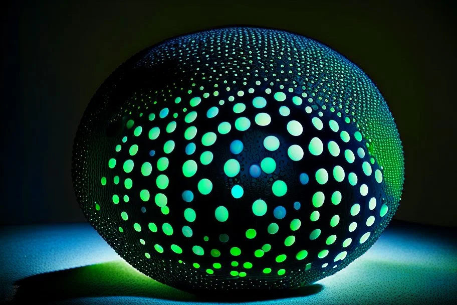 beautiful composition, black spheres with holes, woven of thin black wire, the entire surface of the sphere is filled with symmetrically arranged round holes, from the inside of the sphere a bioluminescent blue-green (sometimes blue, sometimes green) light is emitted, projecting coloured round spots onto the whole background and the whole horizontal base where the sphere is placed. S<AI