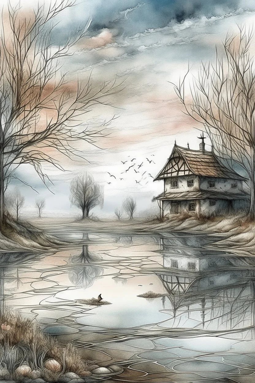 The place where the Dream and its followers live. A reflection of the sky. Watercolor, new year, fine drawing, beautiful landscape, pixel graphics, lots of details, delicate sensuality, realistic, high quality, work of art, hyperdetalization, professional, filigree, hazy haze, hyperrealism, professional, transparent, delicate pastel tones, back lighting, contrast, fantastic, nature+space, Milky Way, fabulous, unreal, translucent, glowing