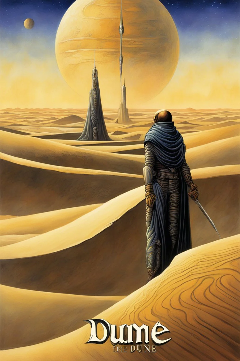 text: "DUNE" book cover art by text: "FRANK HERBERT", digital illustration by Jim Burns and Adolf Wolfli, cover art, rich colors, smooth, sci-fi, artistic