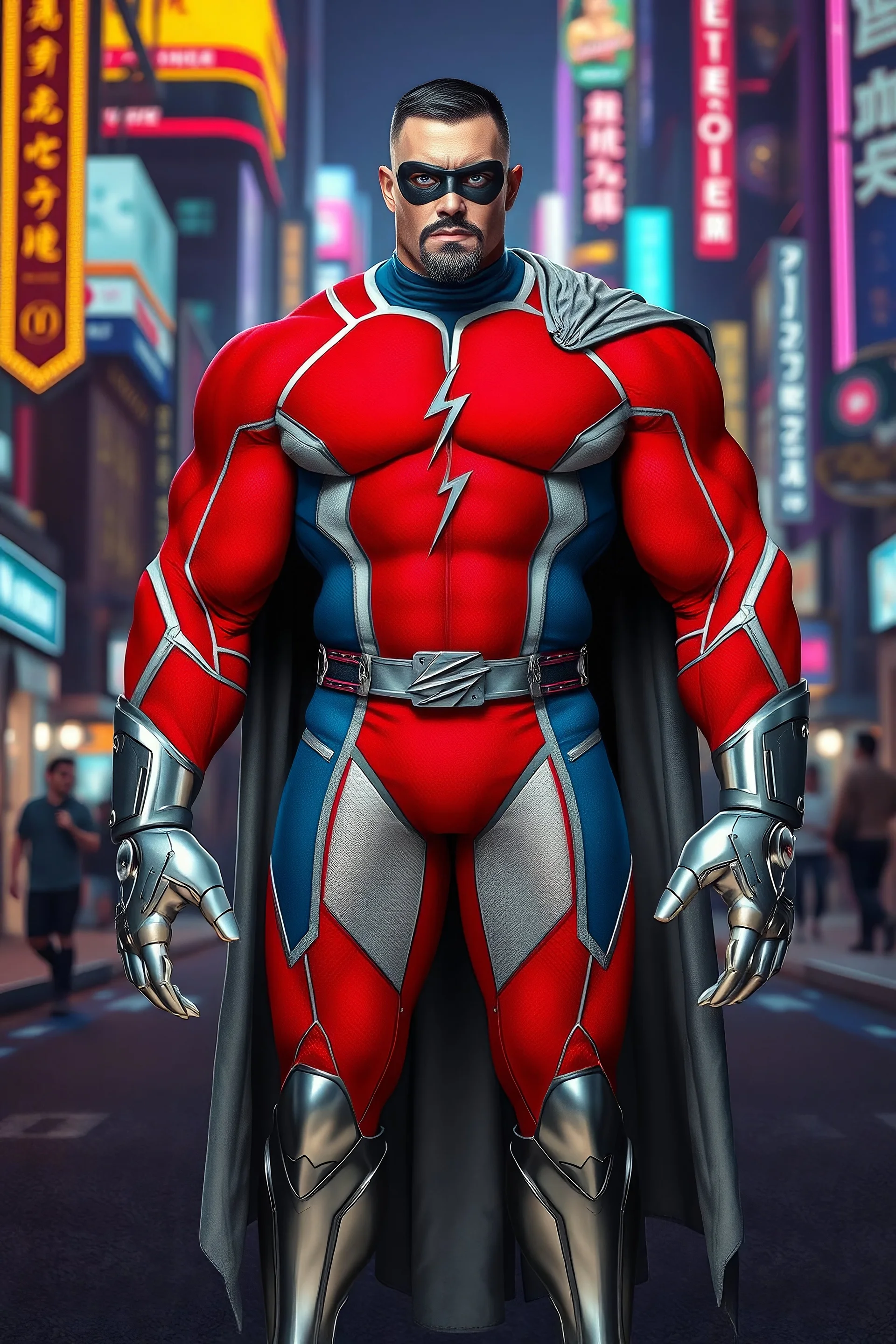 A giant, muscular man with extra-short, crew cut, black hair, blue eyes, short, trimmed goatee, standing stoically on the street in the neon lit, futuristic City of Xanadu prime, wearing a long-sleeved, highly textured, red-white-and blue body suit with gray piping that forms to his muscular frame, he has a silver lightning belt, silver wrist gauntlets, silver, knee-high boots, gray cape, he has the symbol of Xanadu Prime on his chest, and a thin black leather bandit eye mask