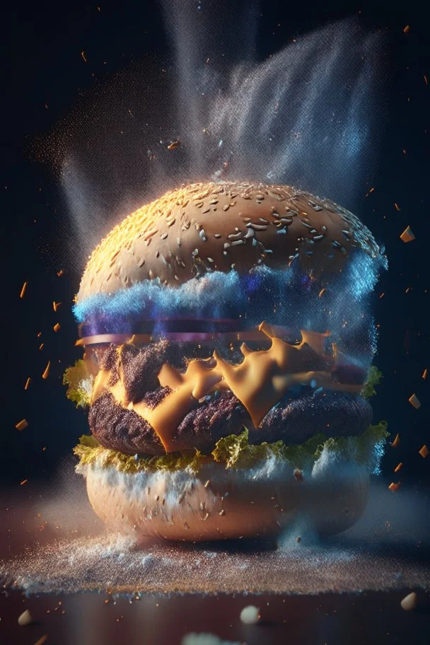 a burger turning into dust, extremely detailed dust particle details, natural colours, meticulously intricate perfectly symmetrical extremely detailed, pixiv daily ranking, pixiv, extreme depth of field, artstation, sculpture style, spectacular details, volumetric lighting, masterpiece, cinematic, Hollywood production, 8k resolution, high definition, max octane render, vivid colors, max resolution, unreal engine , max perfectionism, realistic composition, professional photography, max focus, mas