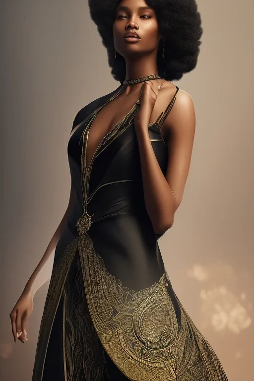 A portrait of a beautiful curvaceous black woman with long black hair, wearing a black dress with a deep v neck, wizard, magical, ethereal, intricate, sharp realistic lighting. Concept art by wlop. Ultra quality 8k.