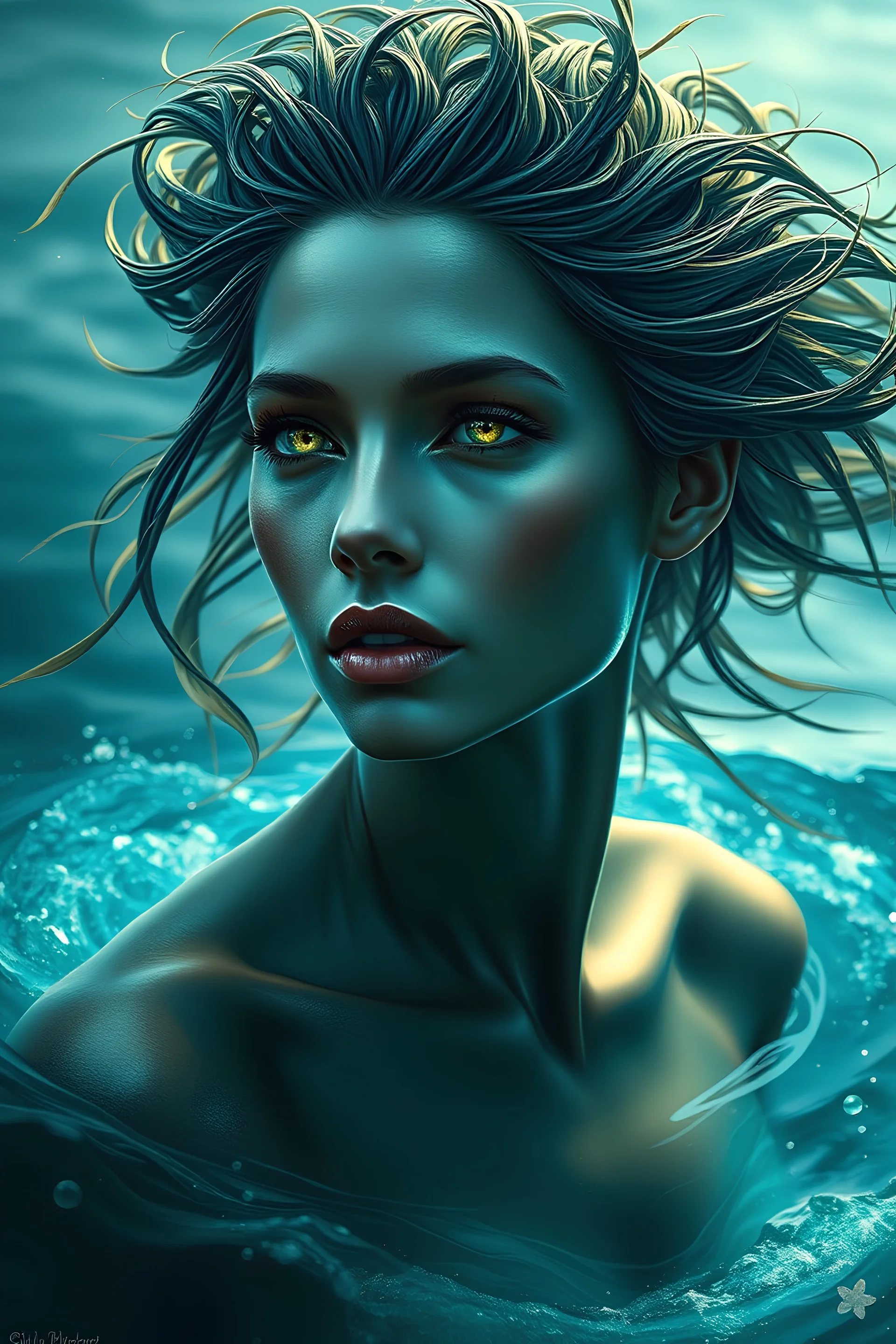 In this captivating digital artwork, an ethereal figure emerges, embodying the essence of the ocean. Her skin shimmers with a metallic emerald hue, reflecting the deep mysteries of the sea. Her hair, sharp and flowing like seaweed caught in a current, adds to her otherworldly appearance. Eyes glowing with an inner light, she gazes out over the water with a serene yet powerful expression, as if she is the guardian of all that lies beneath the waves. This portrait captures the beauty and mystique