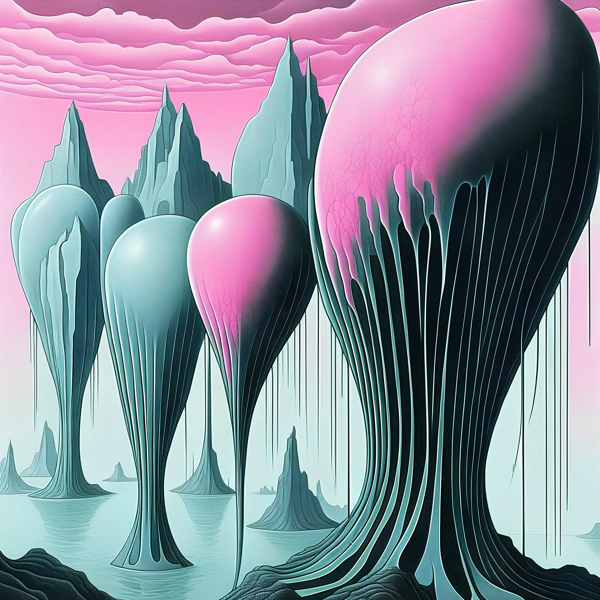 Gelatinous hearts lined-up on the walls each inseminated by a black tadpole, neo surrealism, by laurie lipton, by hugh ferriss; by gerald Scarfe, muted pink and crystal blue colors, beautiful yet sinister.