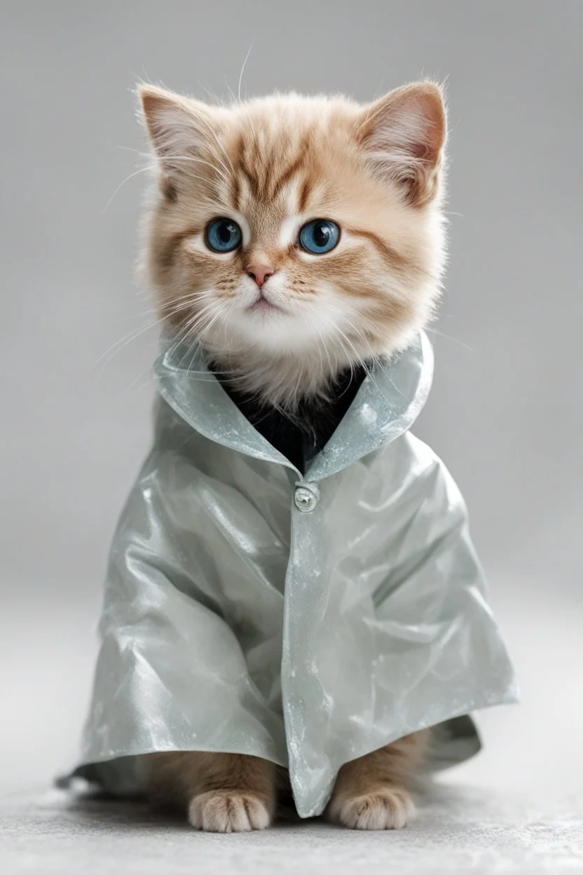 baby cat in raincoat. Chibi, Photograph, Canon DSLR, Tilt - shift, white background, high definition, Complete and coordinated composition, 8k