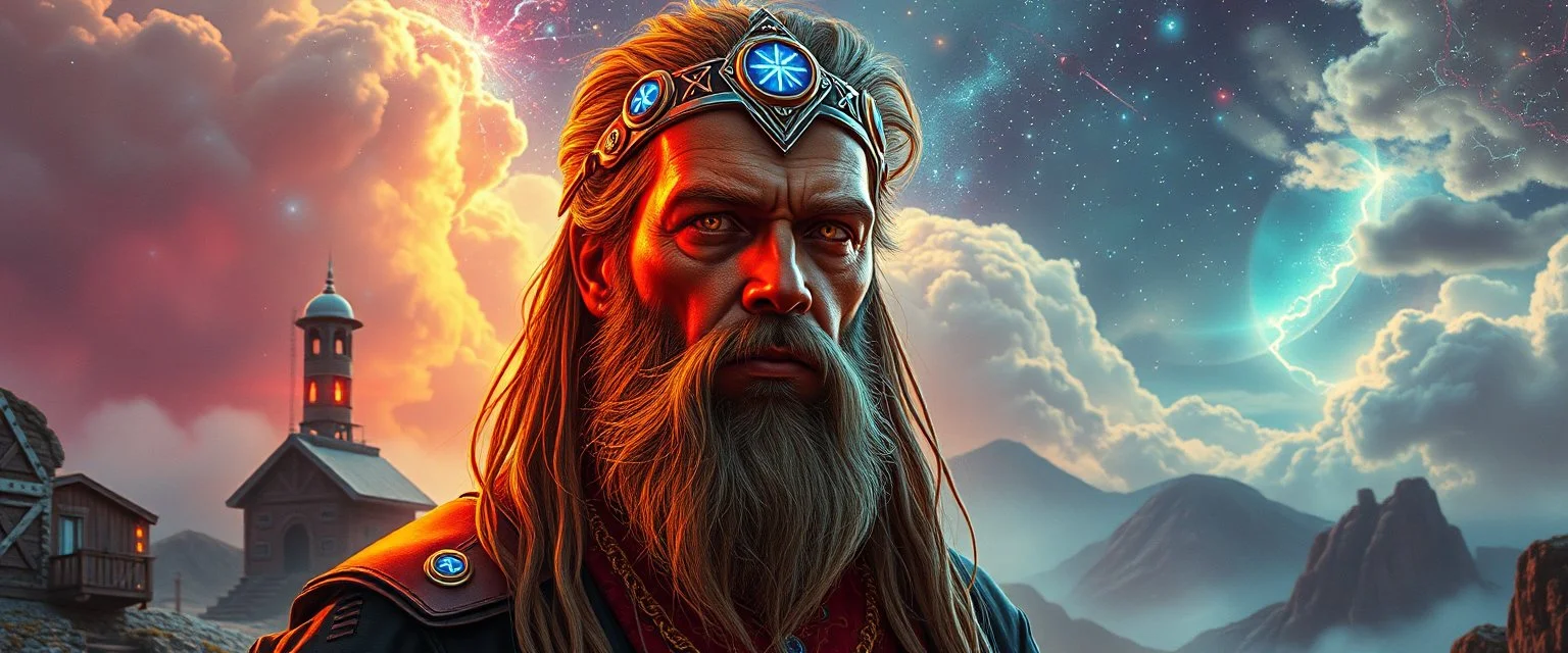 portrait of inter-galatic handsome power broker , the first nation, witchcraft, cyberpunk village, sci-fi, strange chrome vessels, volume light from stars through clouds, goa trance poster