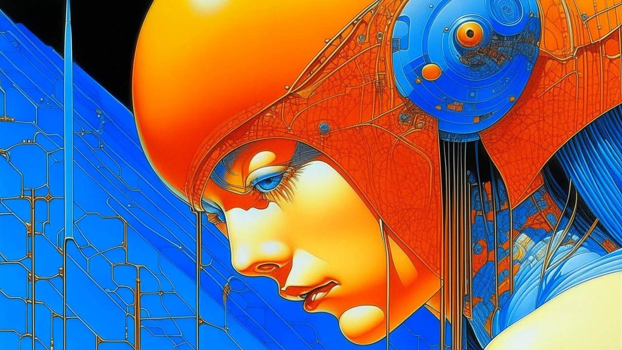 A photography by Moebius and Sorayama of a digital brain processing images. Colors are blue and orange.