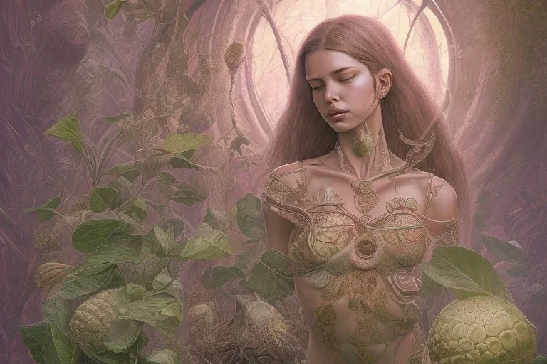 Lilith, Goddess, tropical flowers, realistic heart drawing, crystals, tropical leaves, sacred altar, Fantasy home.Enki Bilal