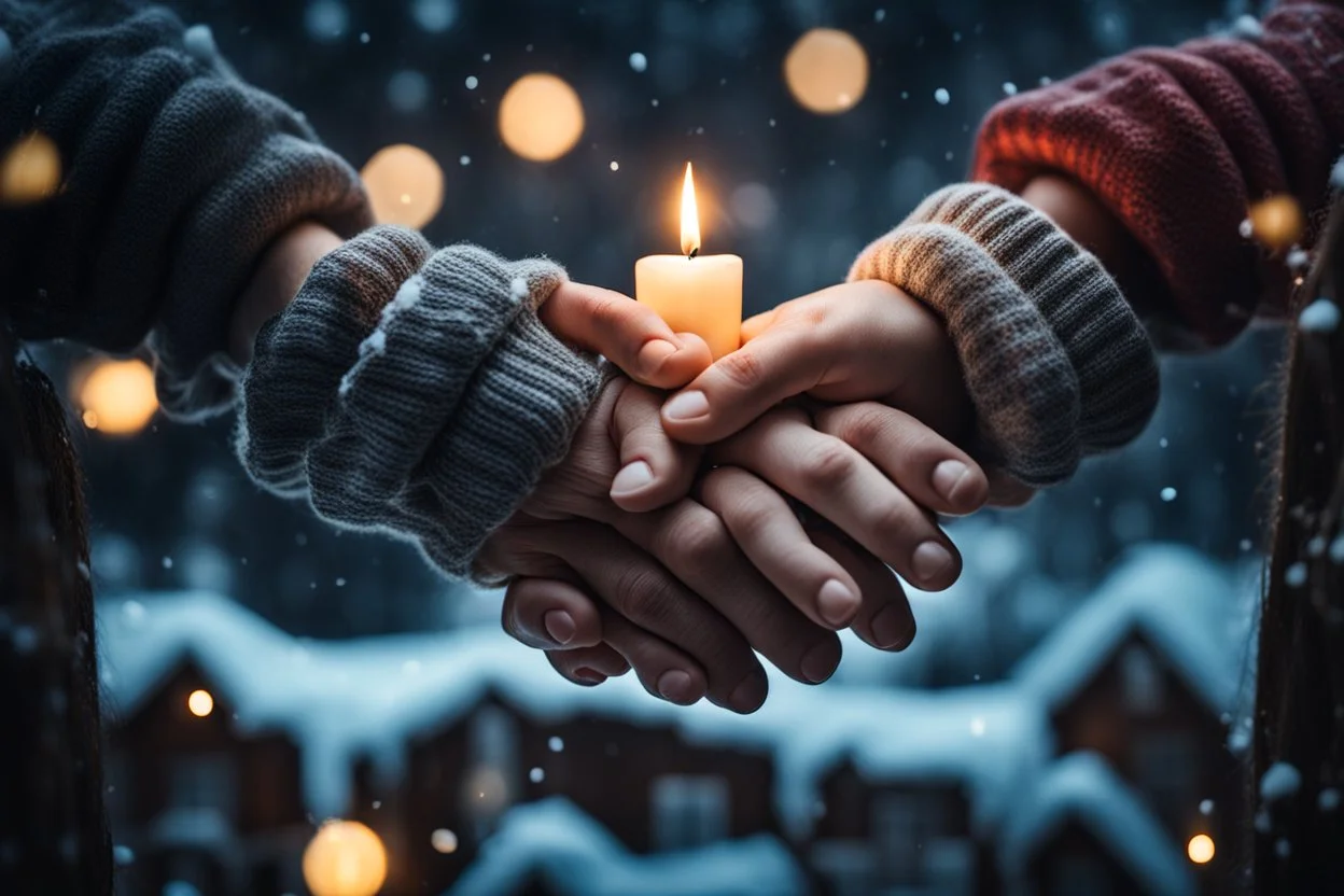 close up photo of several interlocking perfect male and female and child and old human hands holding each other, winter, sharp focus, cold deep colors, gloomy, cinematic, little pale warm lights balls in background,, cold, high realistic, sad mood, perfect shot, perfect composition