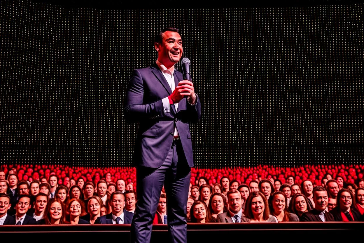The photograph is of a speaker standing on stage in front of a large audience. The speaker appears confident and excited to speak in front of the audience. The speaker is shown dressed in formal attire and holding a microphone.