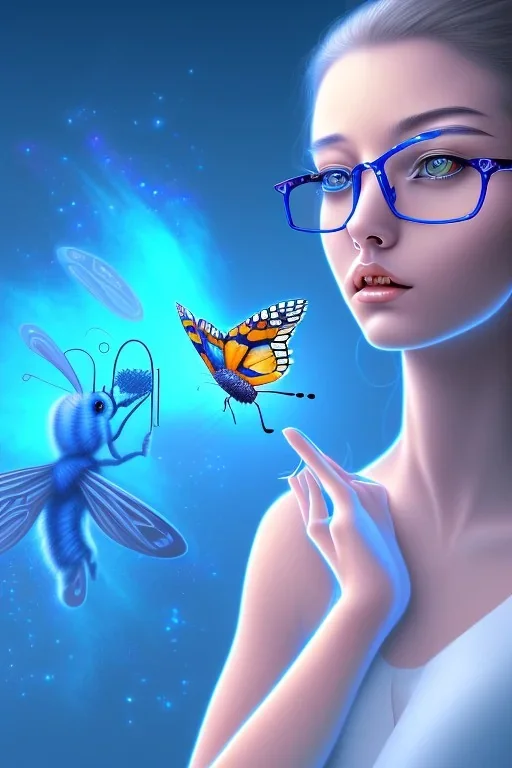 Dibujo escena de una mariposa de los abismos en el fondo, aparece una adolescente con gafas y un perrete azul. full body, gran angular