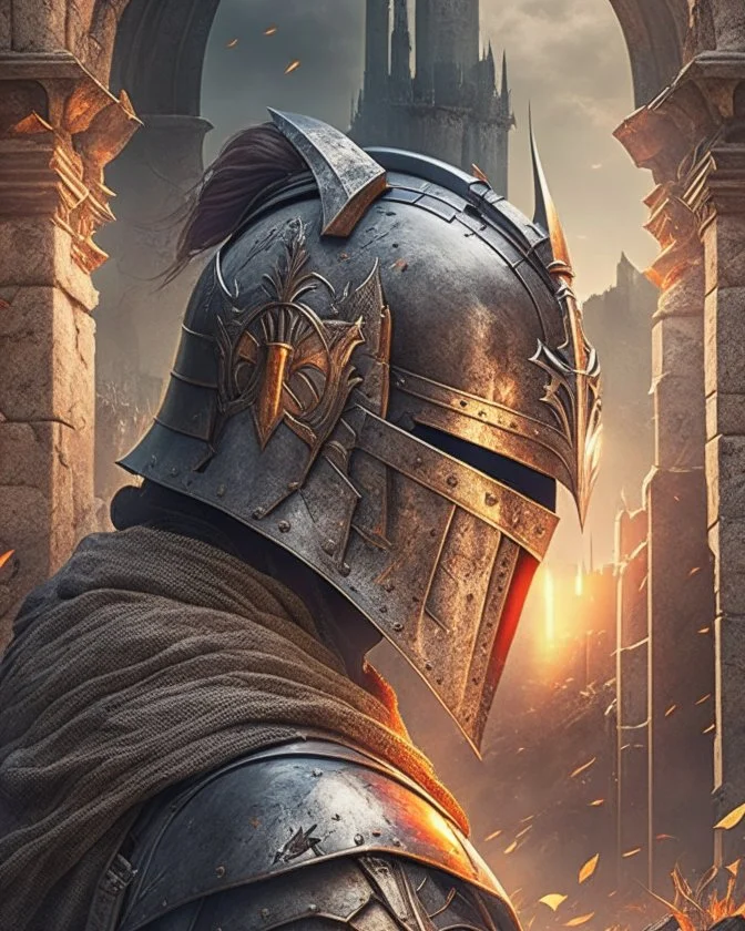 Dark souls Knight, aura, portrait, background Dark souls like ruins, comic style, helmet,
