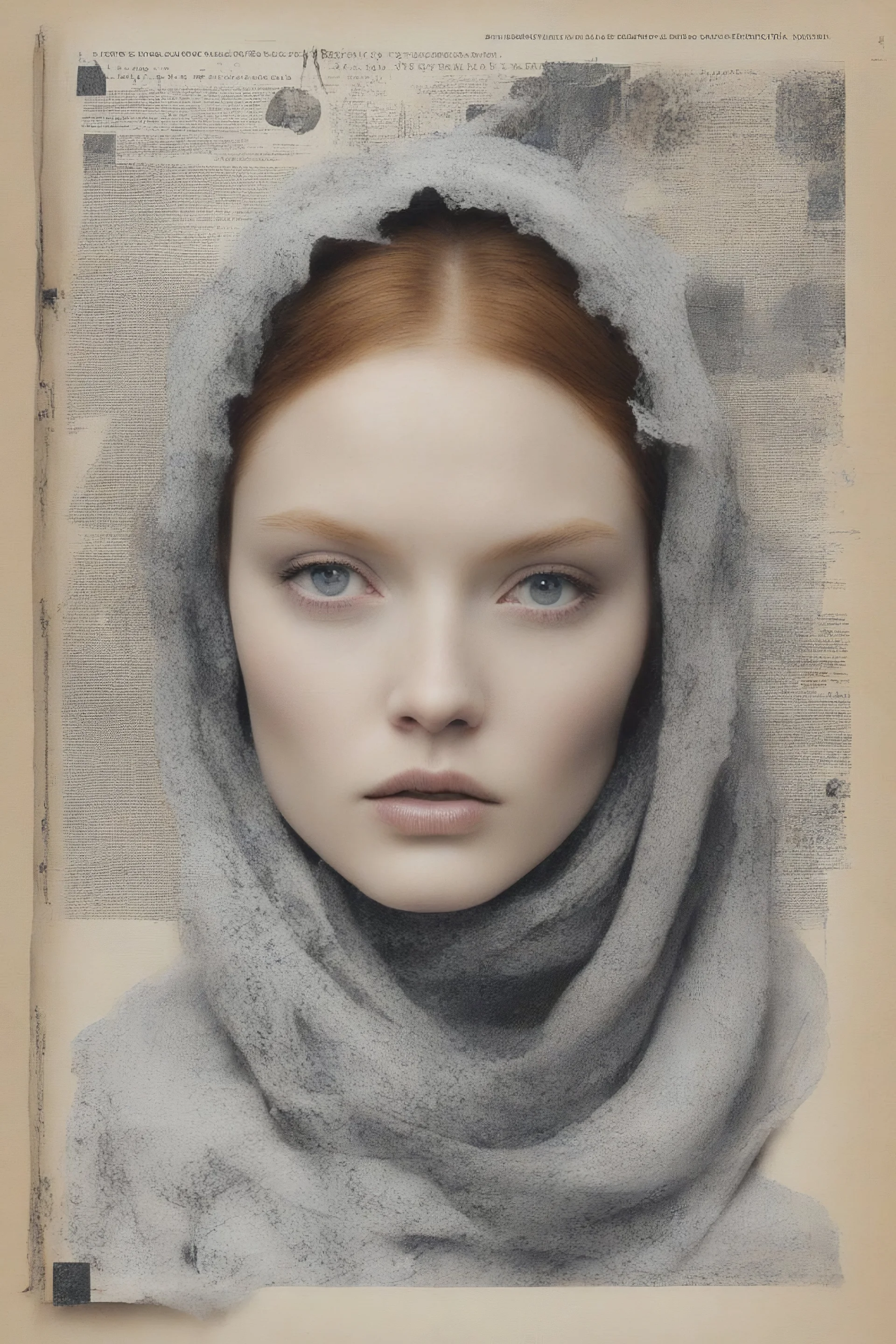 Model lily cole face, a scarf , collage on a book page