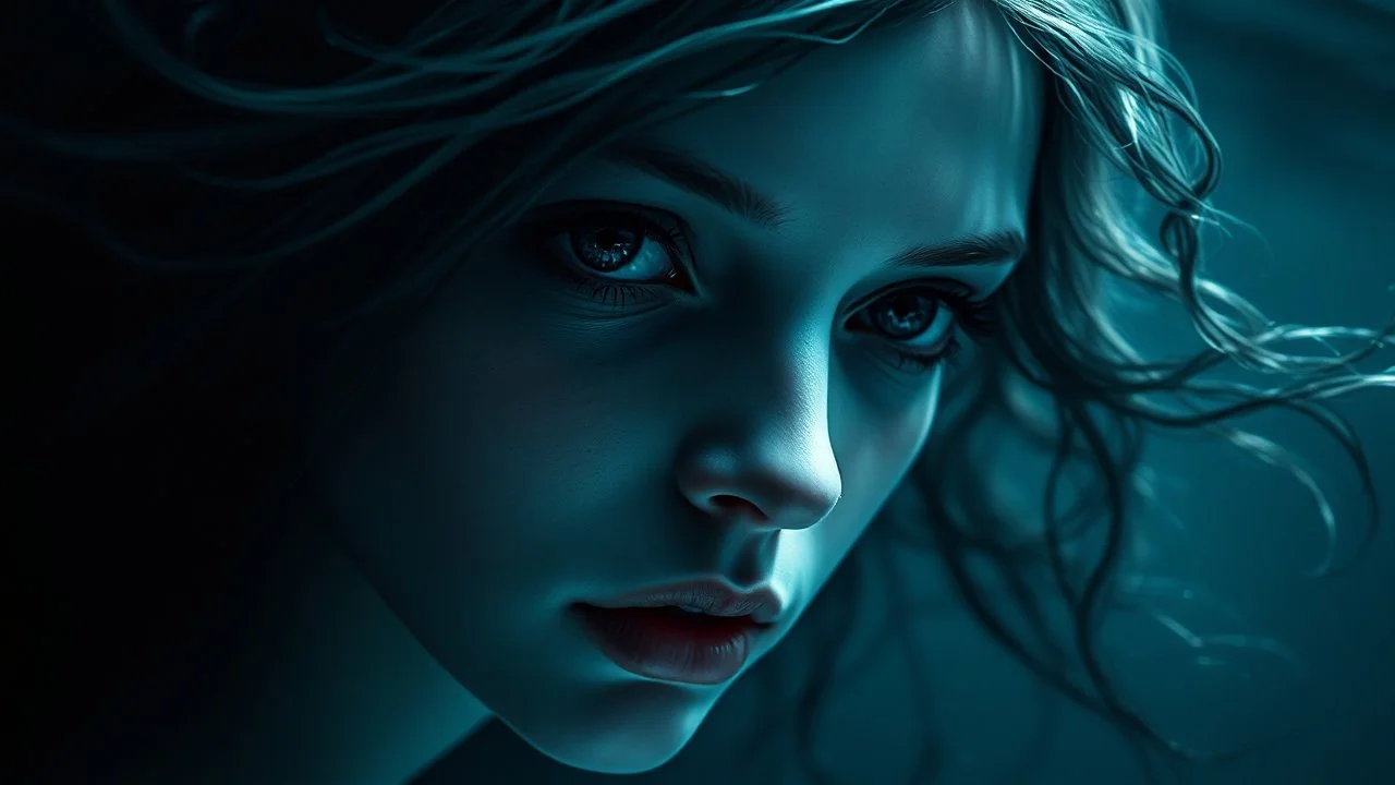 portrait pale skin shadow eyes, void, pain, hyper-realistic detail, floats in deep sea, Dark sea tendrils in her hair, and around, abyss, shadows, fog, Style crepy stunning, dark, surreal vibe underwater and meticulous detail clean pale skin and face. dark shadow and weird mood
