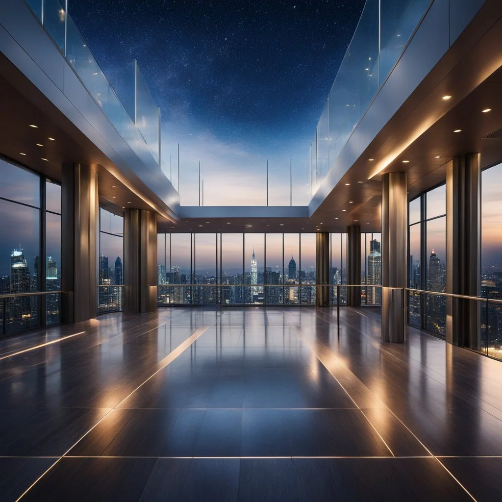 luxury big square hall in top floor of skyscraper in modern city at night sky,city escape at background