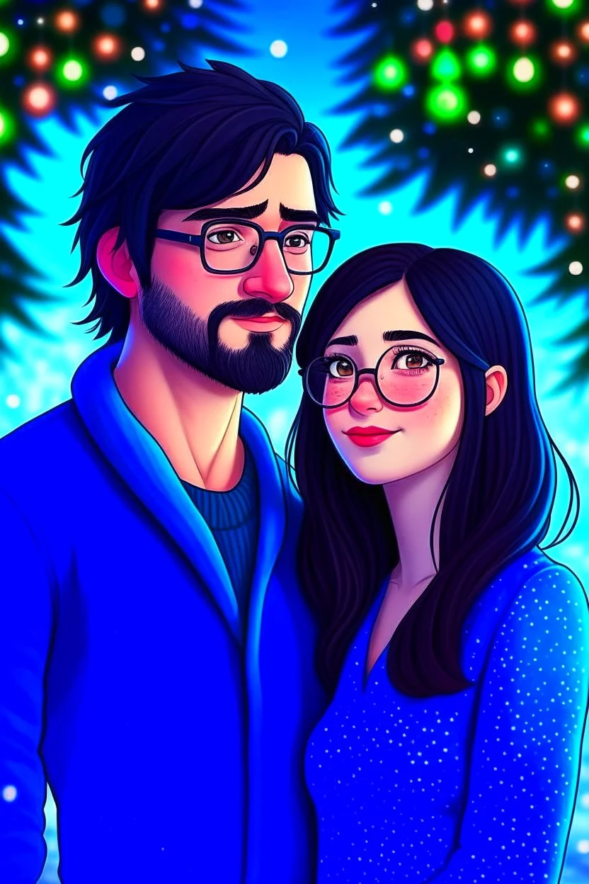 Christmas scene, dark haired couple, man with short black beard and glasses, woman with long hair and no glasses, blue eyes, young couple, graphic