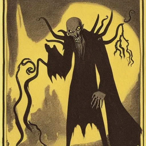 nosferatu vampire with five yellow eyes and tentacle beard and long arms and fingers