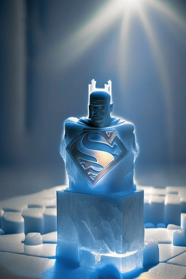 superman chess piece buildt of by yellow stones misty trending, depth of field, backlit, in bright lit ice wall labyrinth