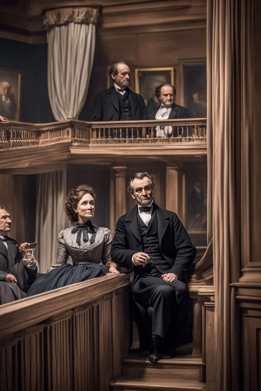 llustrate the presidential box on the balcony level, portraying Abraham Lincoln, his wife, and their guests as they enjoy the play. Highlight the vulnerability of Lincoln without proper security, setting the stage for the impending tragedy