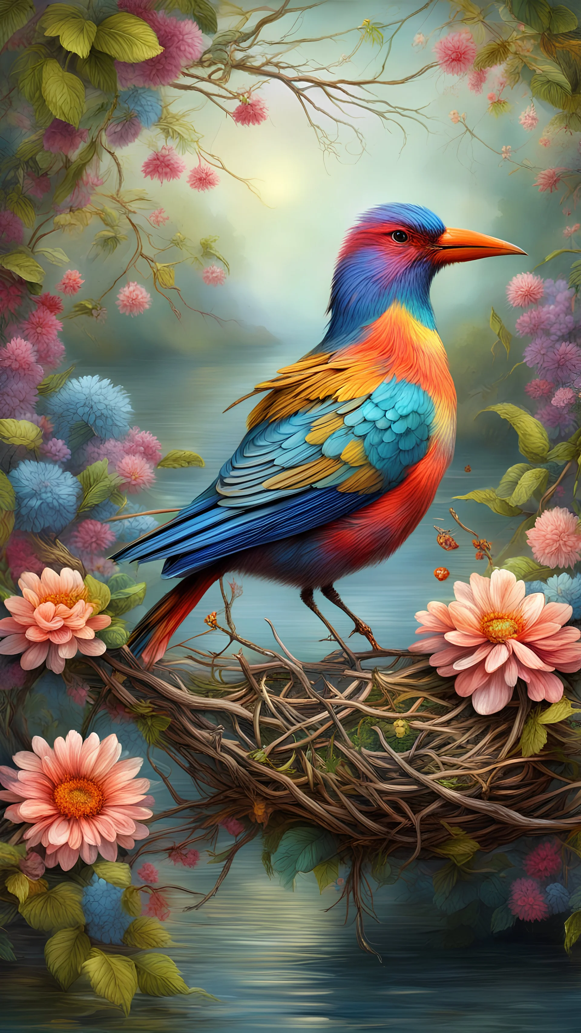 create an image of a strange colorful bird sitting on its cozy twigs and flowers nest by the riverside, decorated with flowers, very highly detailed, maximalist, dreamlike setting, high delicate defined details, sharp, HDR high resolution 8x