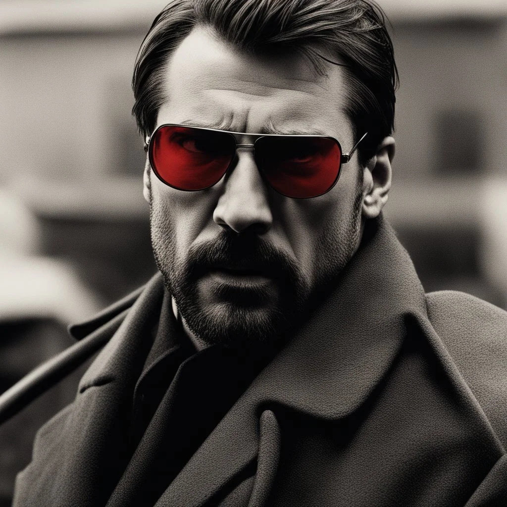 a young man with big muscles who looks like hans gruber wearing a heavy coat and red sunglasses staring with an angry look on his face