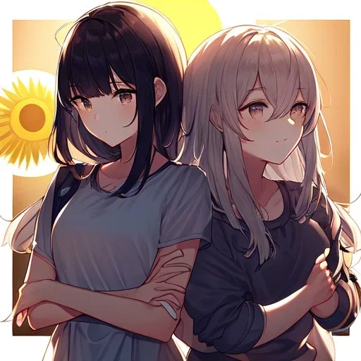 Clear Focus, High resolution, 2 girls hugging, the two girls is a human version of sun and moon, sun if happy and moon is sad, sun in the background