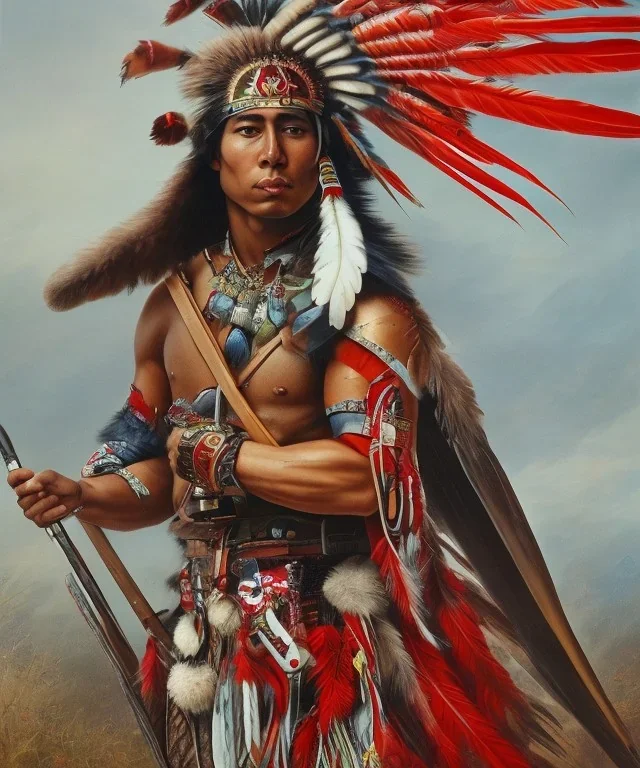 Guaicaipuro, native american, 30 years old, Muscular warrior, red feathers headdress, heroic pose holding spear