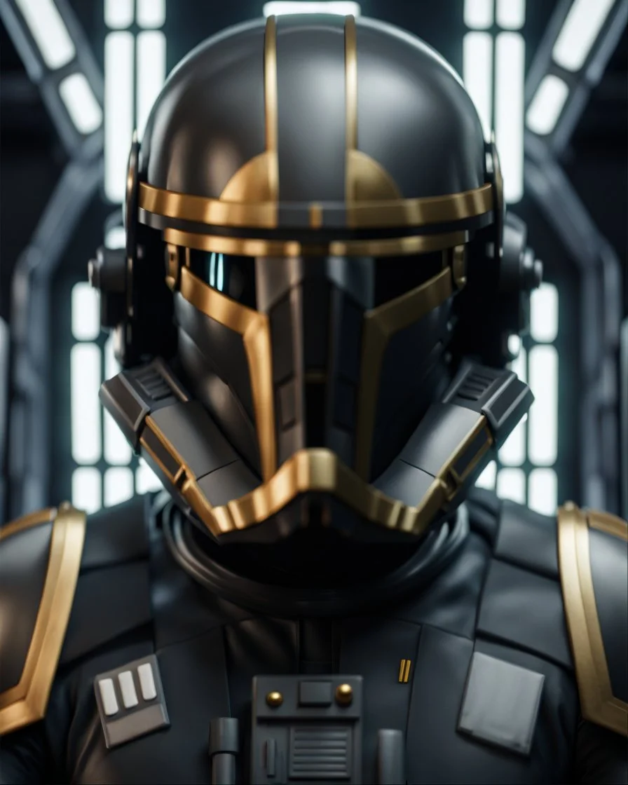 star wars bald male corellian pilot wearing dark gunmetal grey and black First Order special forces TIE pilot armored flightsuit and helmet with gold trim inside the jedi temple, centered head and shoulders portrait, hyperdetailed, dynamic lighting, hyperdetailed background, 8k resolution, volumetric lighting, light skin, fully symmetric details