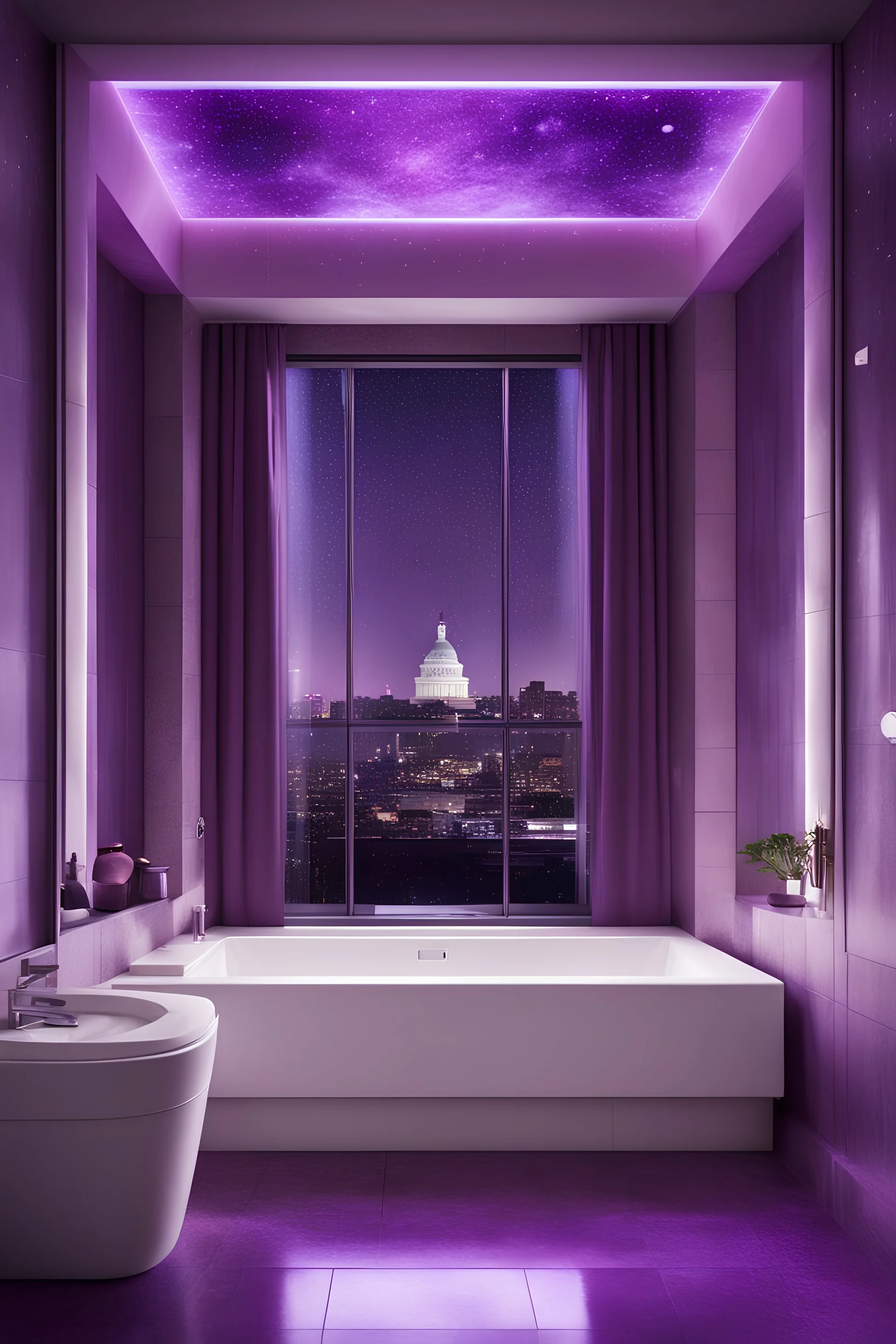 bathroom, purple leds, night, shower, fancy, modern, future, big window overlooking the capitol at the night, cosmos, white, colors, 2070, vibe