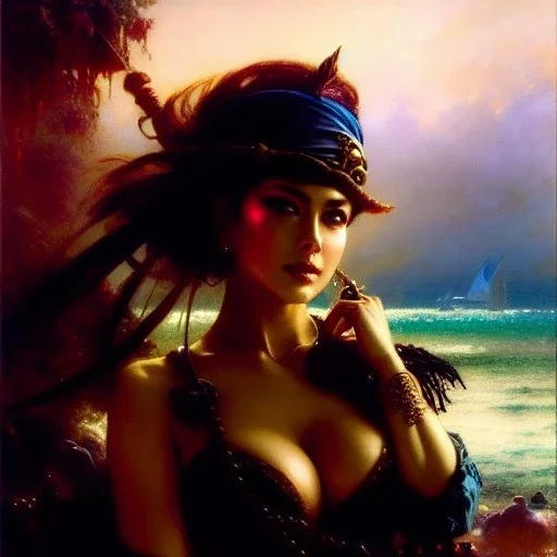 Drawing of beautiful face busty female pirate,Black pearl,sea,ancient leather armor, balanciaga fashion clothe painting by gaston bussiere, greg rutkowski, yoji shinkawa, yoshitaka amano, tsutomu nihei, donato giancola, tim hildebrandt, oil on canvas, cinematic composition, extreme detail,fit full head inside picture,16k