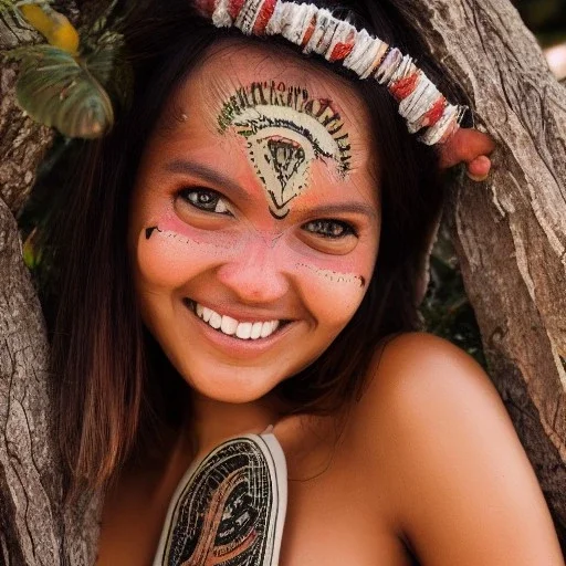 Full body portrait, Woman smiling, pretty face, face is pretty, face is highly detailed, wearing primitive bikini, native clothing, primitive, highly detailed, extremely detailed, crisp, photo, high quality, real life, laying down, symmetrical