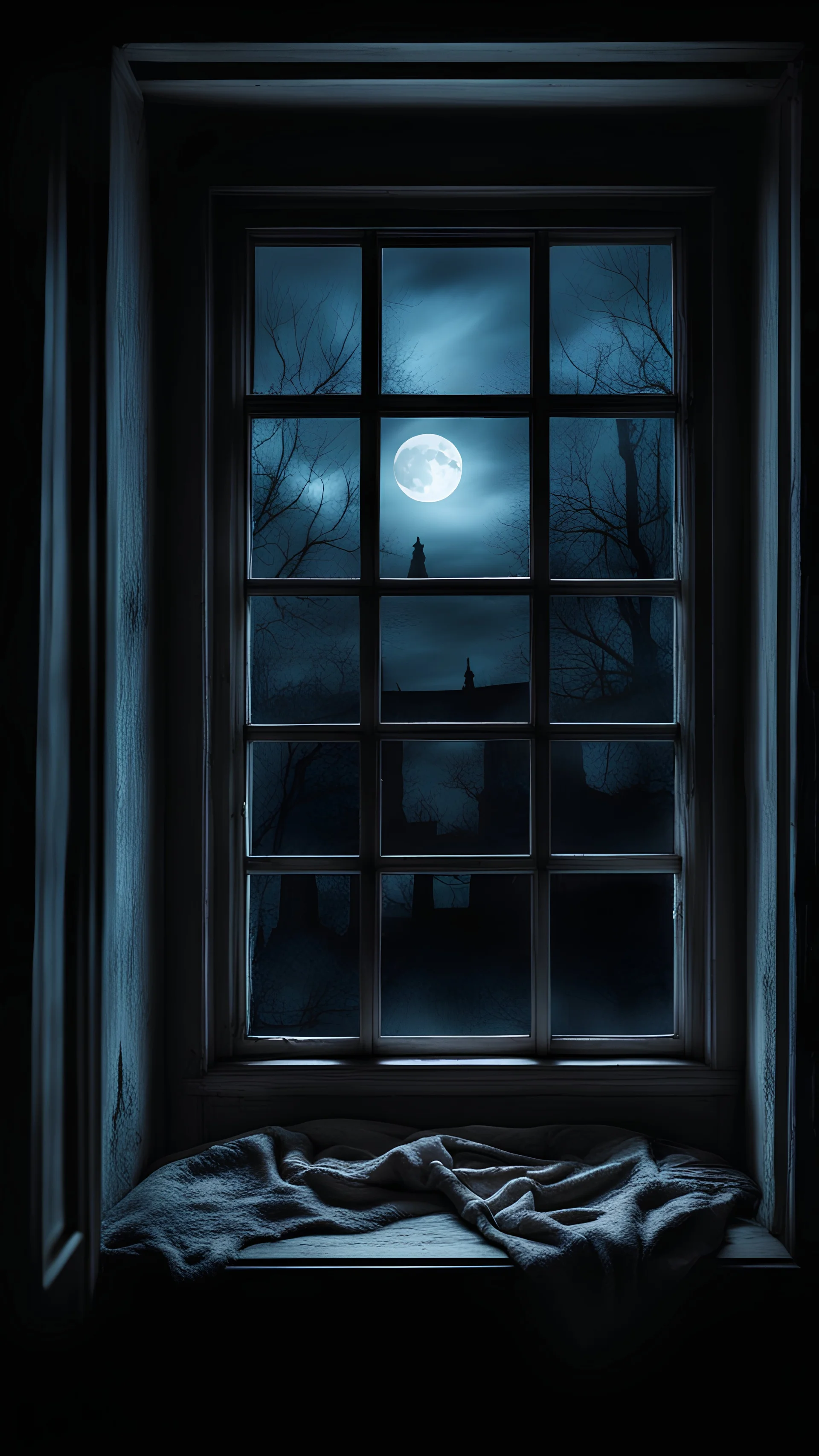 From the room of an old house in window at night in the style of a horror film