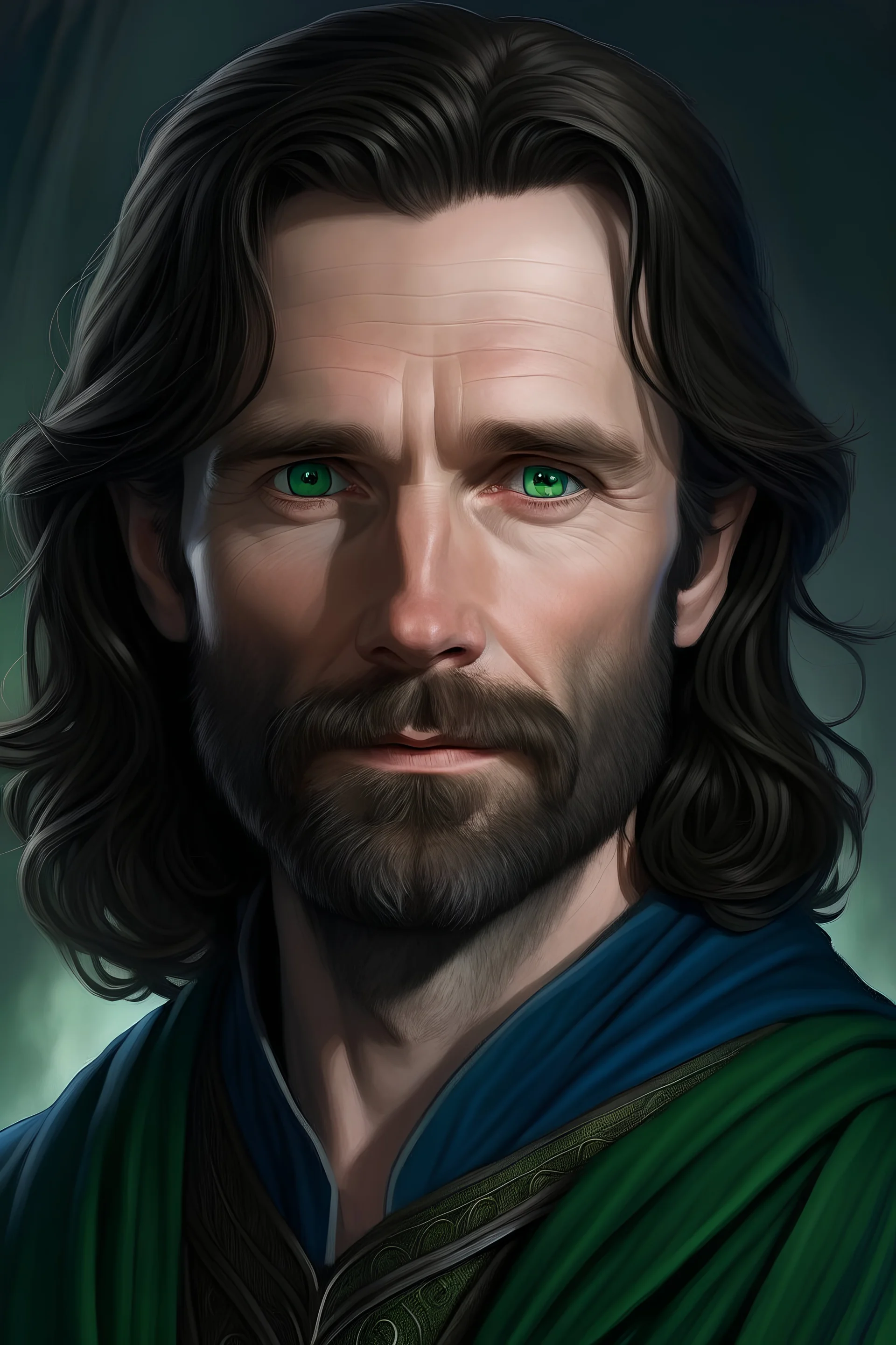 3/4 full colour portrait of a 35-year old white man with brown hair, grey eyes, and a short brown beard, wearing dark blue and green; high fantasy setting; looks like Aragorn