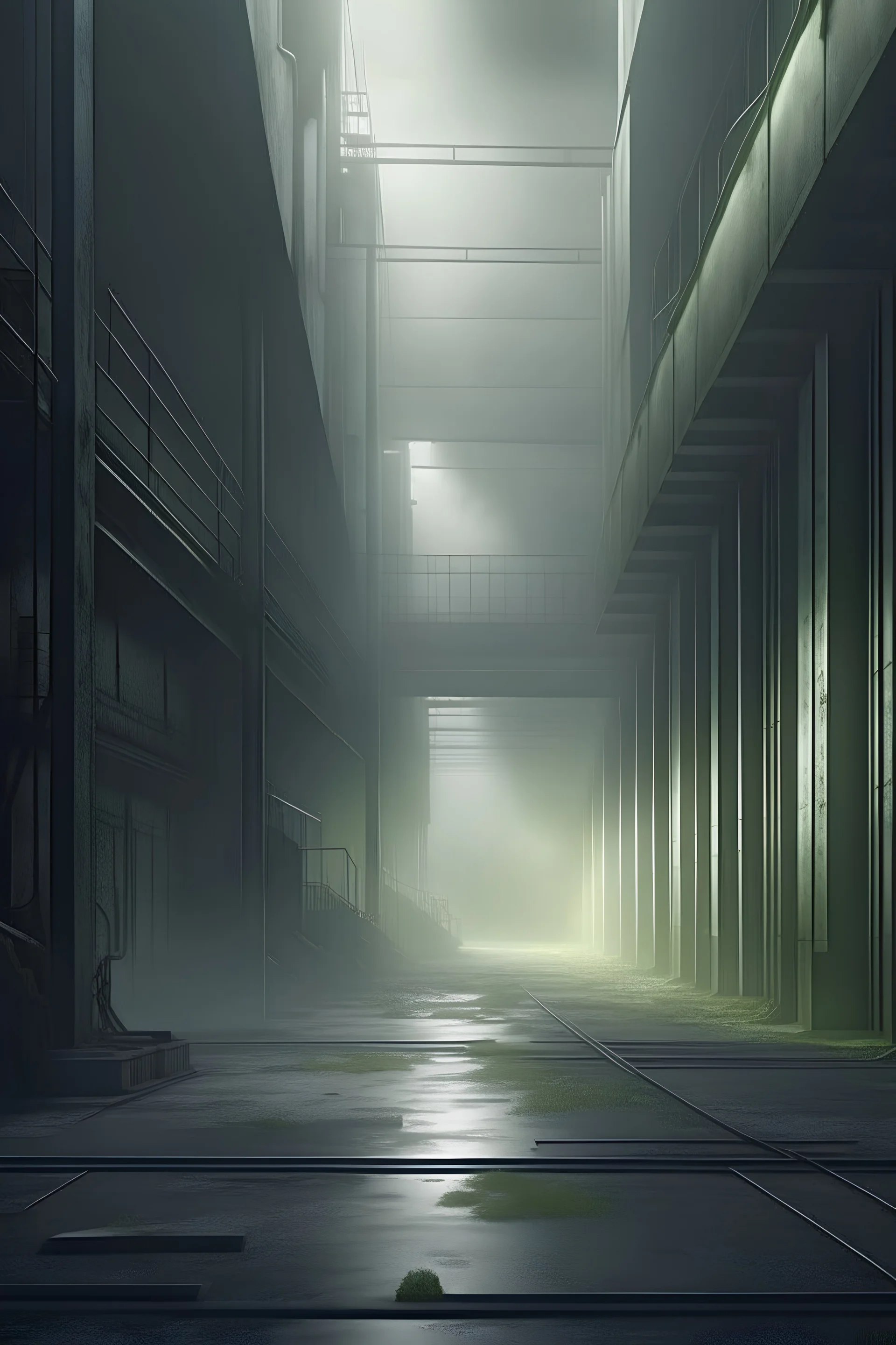 Futuristic seamless factory, creating cinematic smoke from top down, experimental fashion runway, straight one point perspective, dystopian\, hyperrealistic blender render, dimly lit, dim light shining through cracks, , abandoned, greytones, olive green tones.