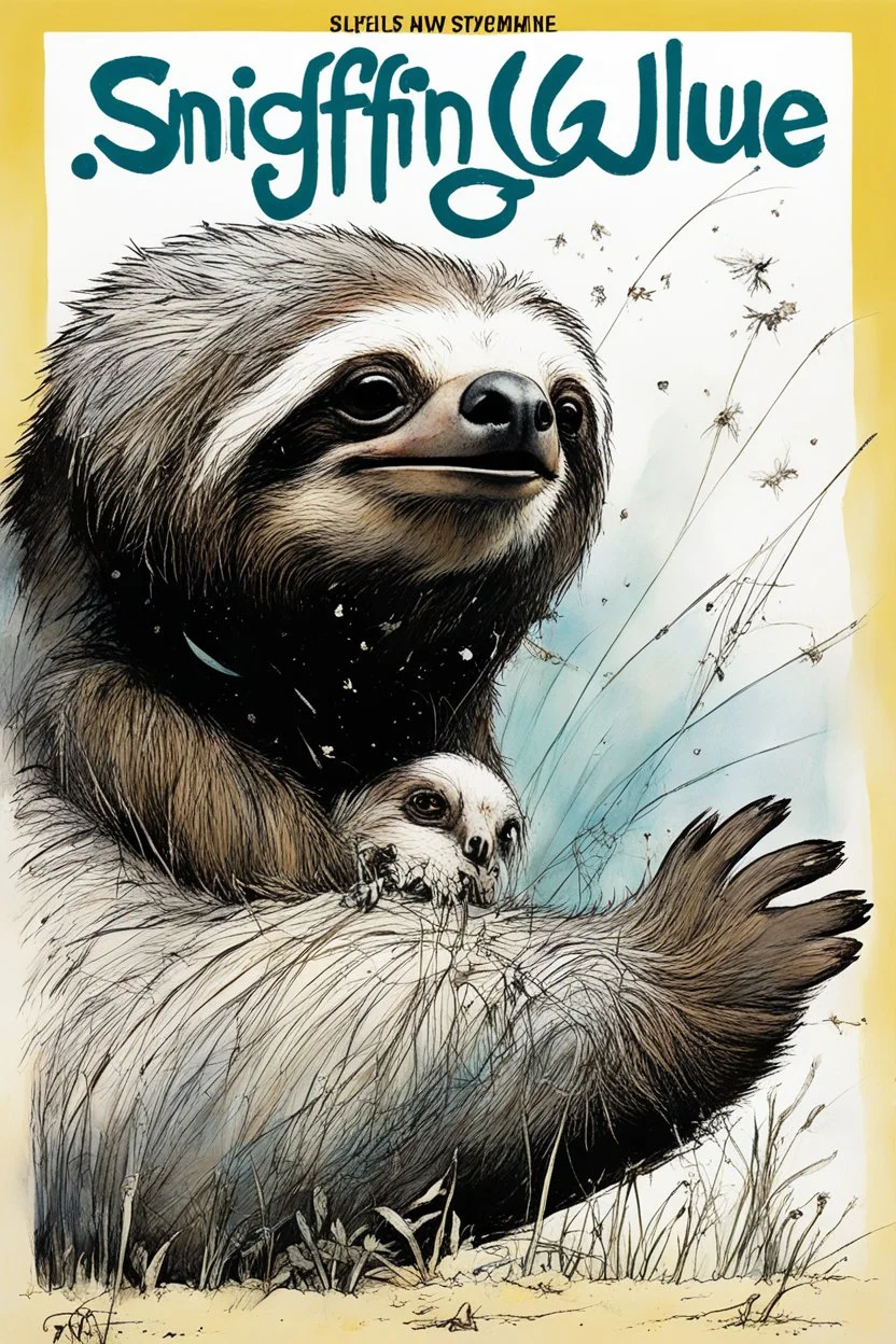 SNIFFIN’ GLUE magazine high res photo cover by Ralph Steadman: special issue on sloth With a gentle swaying of its claws, the sloth gazes upon the equation dXt =[a1 (t)Xt +a0 (t)]dt+[b1 (t)Xt +b0 (t)]dWt ,X0 donneˊThe sloth's mind, usually attuned to the rhythms of nature and the whispers of the wind, is momentarily captivated by the dance of variables and coefficients that unfold before it. It feels a sense of wonder at the complexity and elegance of the mathematical world, so different from t