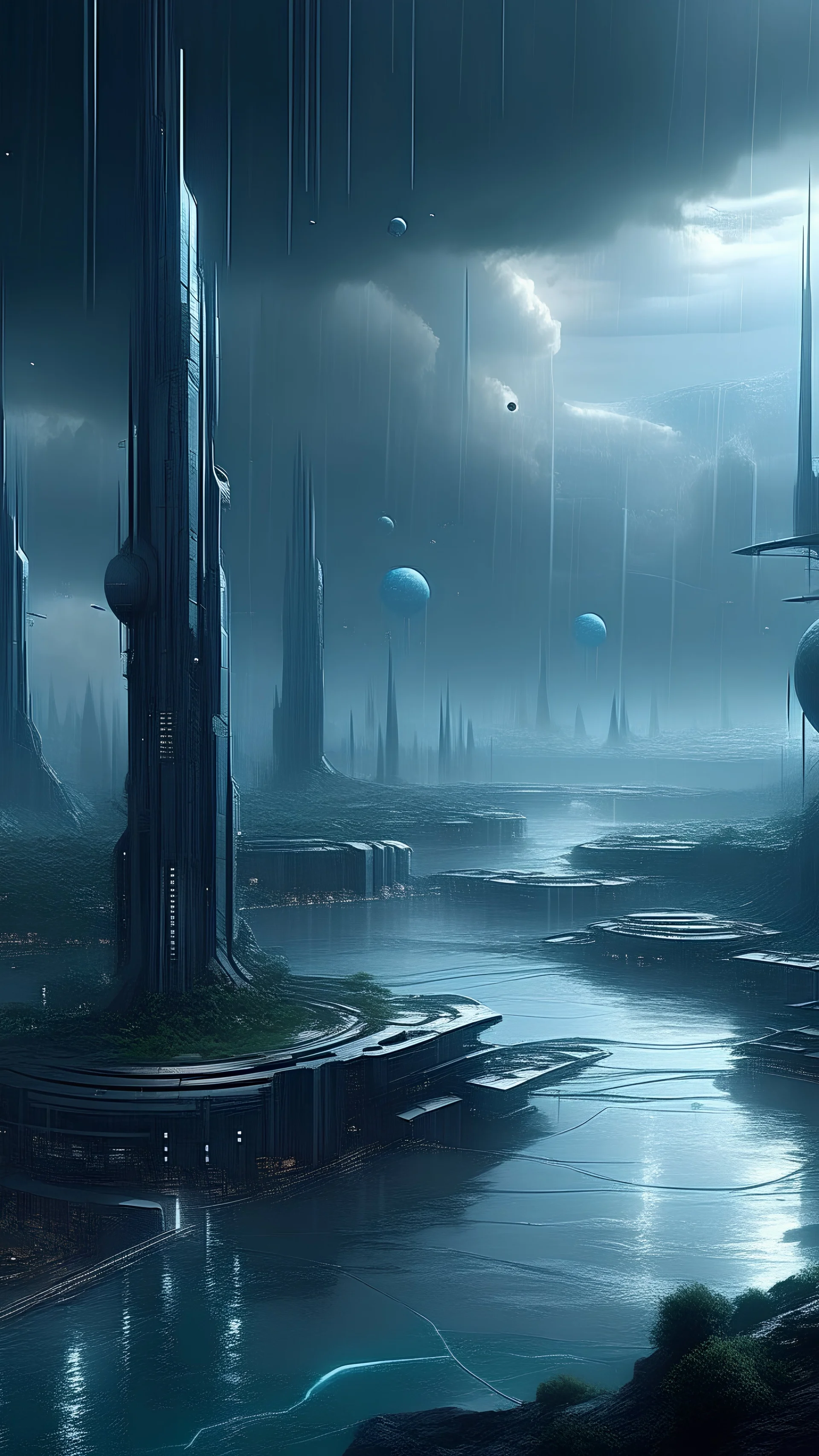 sci fi planet, rainy city, beautiful scenery