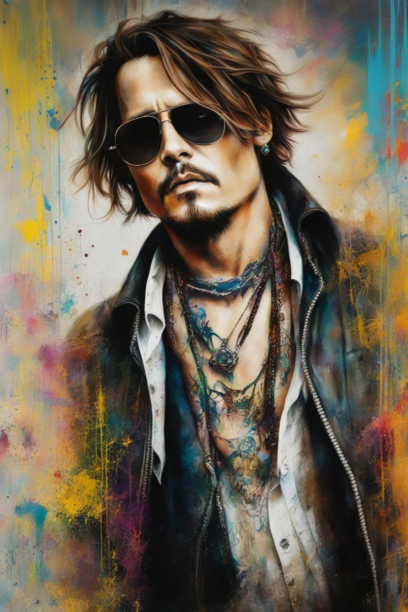 Close Up, Full Color Painting Of Johnny Depp, Sunglasses, (((Graffiti Art) (By Carne Griffiths))), Colorfull Wall Background, Insane Details, Intricate Details, Hyperdetailed, Low Contrast, Soft Cinematic Light, Dim Colors, Exposure Blend, Hdr, Front
