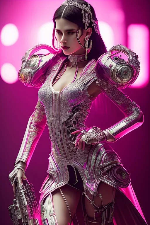 Portrait cyberpunk bride in skin-tight ornate neon pink dress with silver filigree, full body shot, full-color long shot