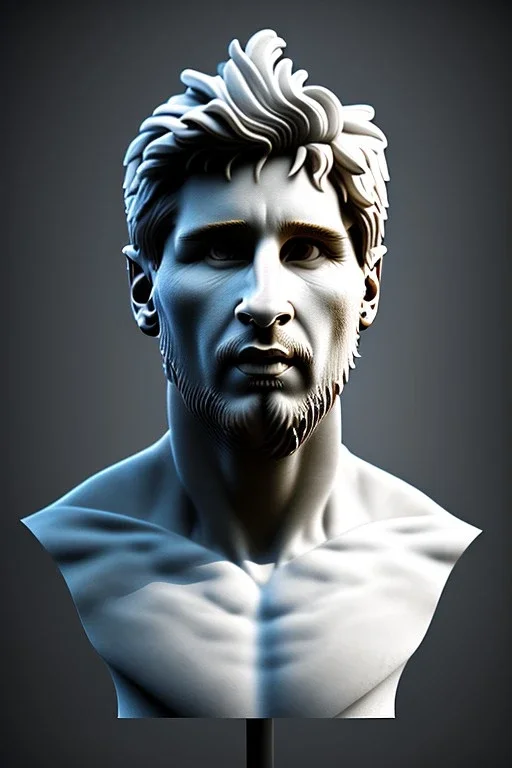 Ultra Realistic image, Roman sculpture, white marble material, Lionel Messi, sun radial crown, chisel style, waist up portrait, epic, celestial, cinematic lighting, God light, god rays, 4k resolution, smooth details, ornate details, soft lighting, unreal engine 5, marble background.