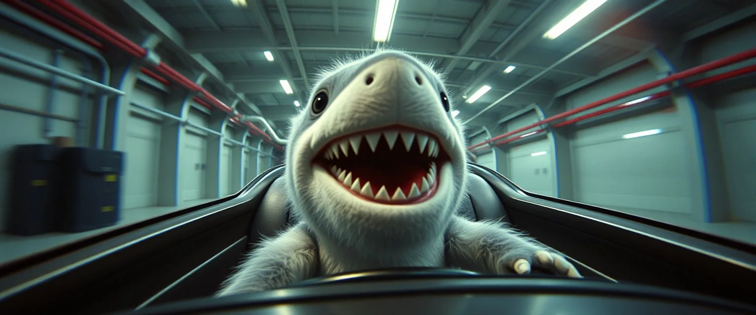car driving happy 2d fluffy shark orc dog in the style of Escher and Giger and Fallout 4, pinhole cam, airbrush 3d rendering, on tv screen:A five-second cinematic single take in a clean industrial presentation hall.