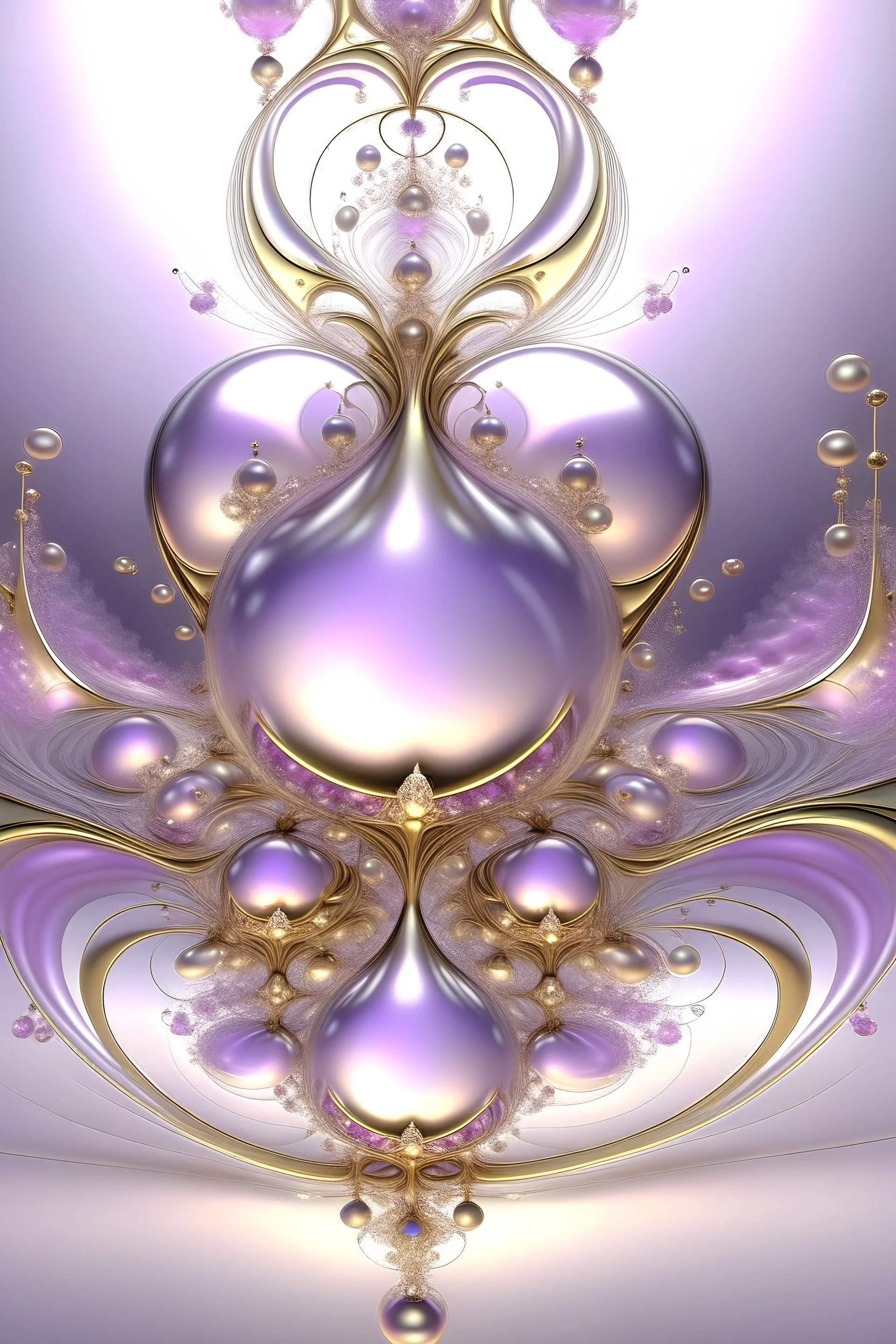 completely in the center of the frame, three-dimensional multi-layered fractal shape of four rotating droplets, high-octane rendering, fantasy, abstraction, bright light from behind, gradient, color pale lilac, silver, light pink, gold, pearls, golden thin curls in the light, front view, aesthetically pleasing, exquisite, elegant, beautiful, professional photo, high resolution 1080px, high quality, high detail, 30mm lens,1/250s, f/2.8, ISO 100, 4k, 6d, Dali style