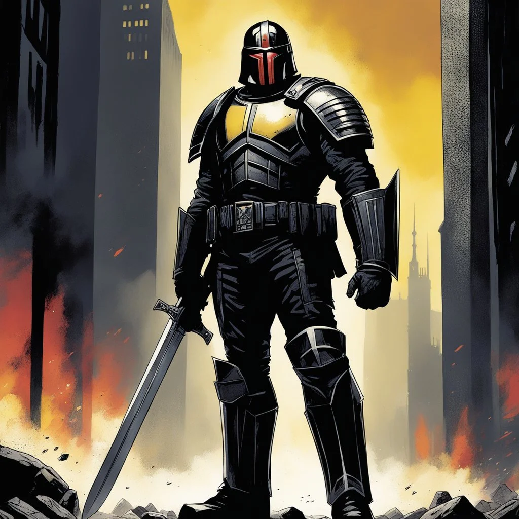 [Dredd art by Carlos Ezquerra] stands a figure unlike any other - Judge Sandor Clegane, a towering warrior fighting with a gaze as sharp as his blade. Clad in the iconic uniform and helmet of the Judges designed by agent provocateur, he patrols the streets with unwavering determination, his presence commanding respect and fear in equal measure. The citizens of Mega-City One whispered tales of his exploits, of how he single-handedly took down the most dangerous criminals with a skill and brutalit