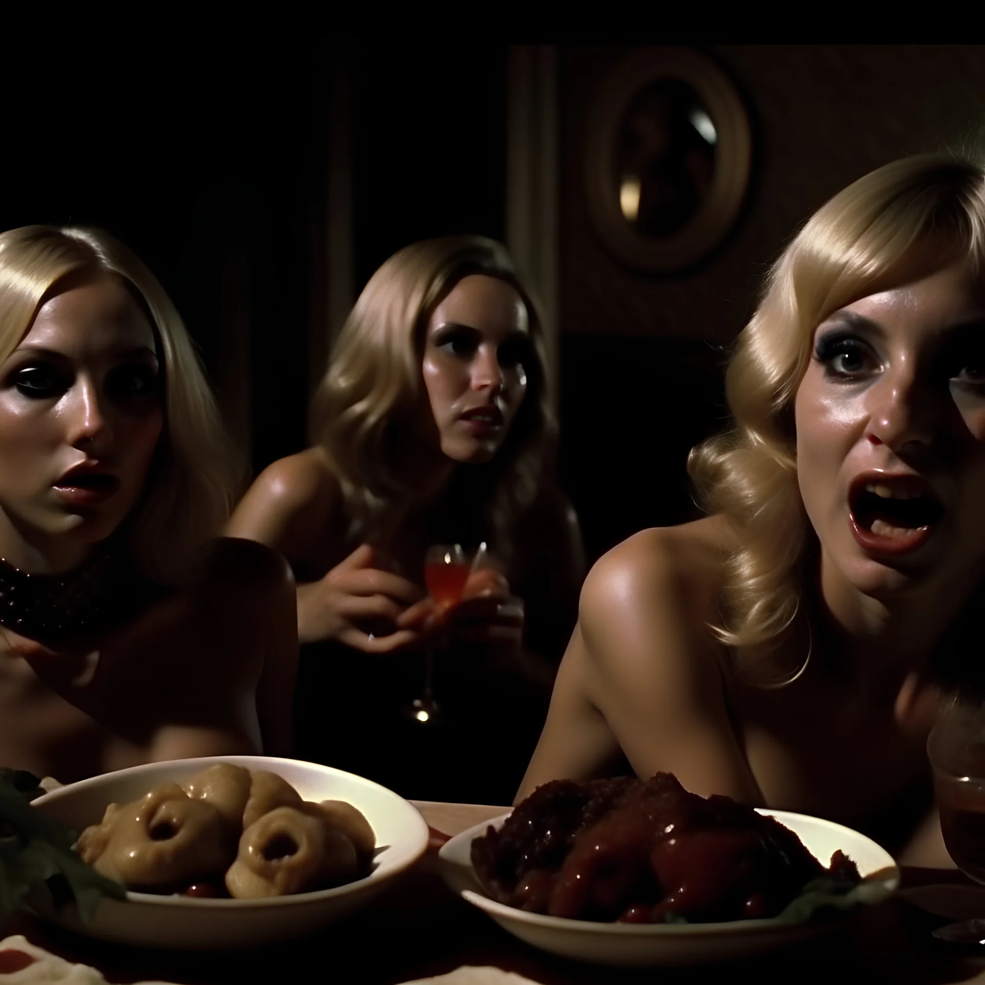 Horror movie shot, spooky, hot, ultra realistic, dine, horns, ultra realistic hot blonde women, party, pieces of meat, organs, ail, dynamic, very excited people, hypermaximalist figures, light, 1970's Italian horror movie, sinister,, Dario Argento, Stanley Kubrik, ornate, 4k, photorealism