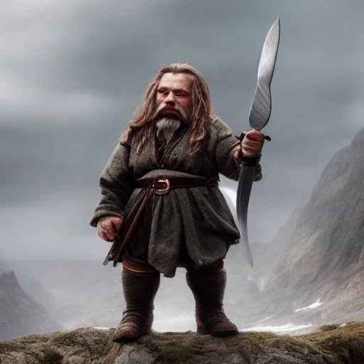 A beautiful dwarf with a sharp and beautiful ax in his hand, full HD, 4K, 8K, very real and with fine and detailed details, realistic and really alive, taken from the Lord of the Rings movie