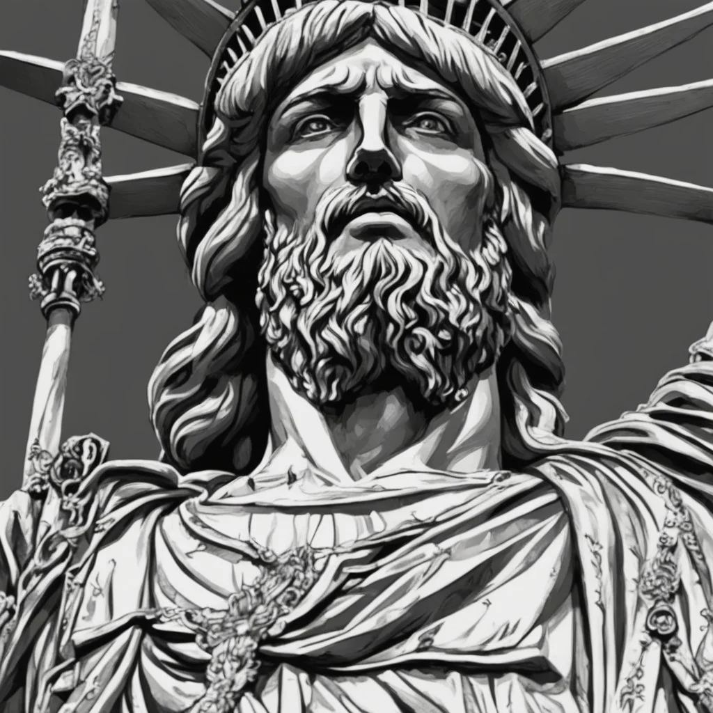 line toned, hedcut, wsj style, statue of cruicified Jesus of Liberty with a beard and wearing a cross and hanging from a cross, The statue male, hyperdetailed intricately detailed photoillustration ink drawing dystopian 8k resolution entire body of the statue is in the picture. digital illustration telephoto lens photography , same colors as the us treasury's one dollar bill, crucified"