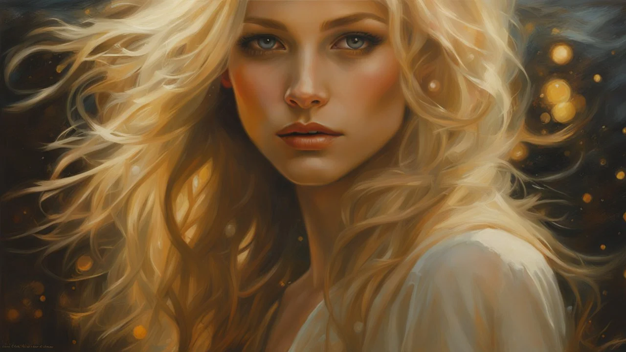 In Casey Baugh's evocative style, art of a beautiful young smiling blonde girl with long brown hair, futuristic, scifi, intricate, elegant, highly detailed, majestic, Baugh's brushwork infuses the painting with a unique combination of realism and abstraction, greg rutkowski, surreal gold filigree, broken glass, (masterpiece, sidelighting, finely detailed beautiful eyes: 1.2), hdr, realistic painting,